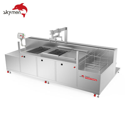 Sistema automático de limpieza por ultrasonido de 4 depósitos para piezas de precisión con brazo robótico PLC, calefacción, filtración y secado